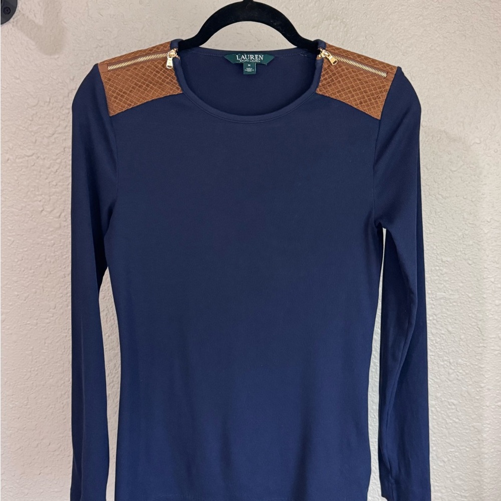 Lauren by Ralph Lauren Navy Blue Top with Brown Accents Medium Equestrian